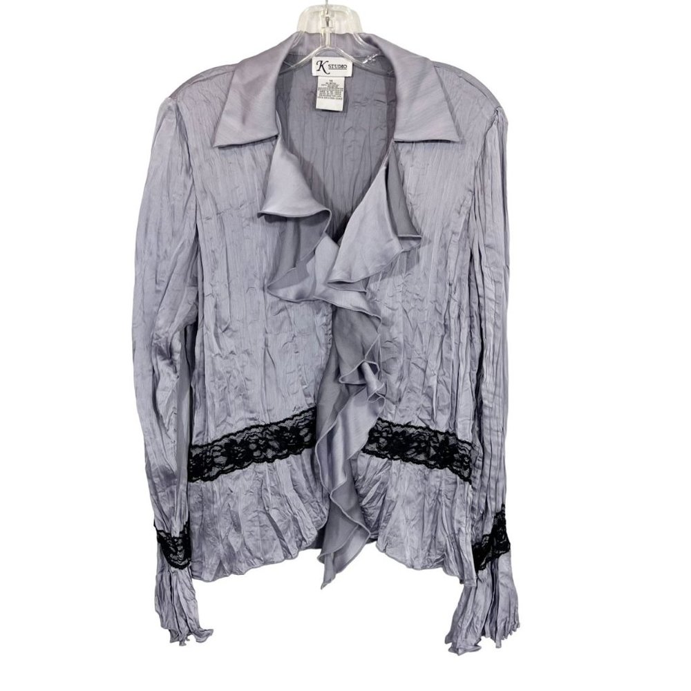 Y2K 90s Satin Crinkle Ruffle Lace Long Sleeve Blouse Going Out Top - Size 14‎